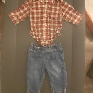 Plaid long sleeve shirt & jeans outfit 0-3 months